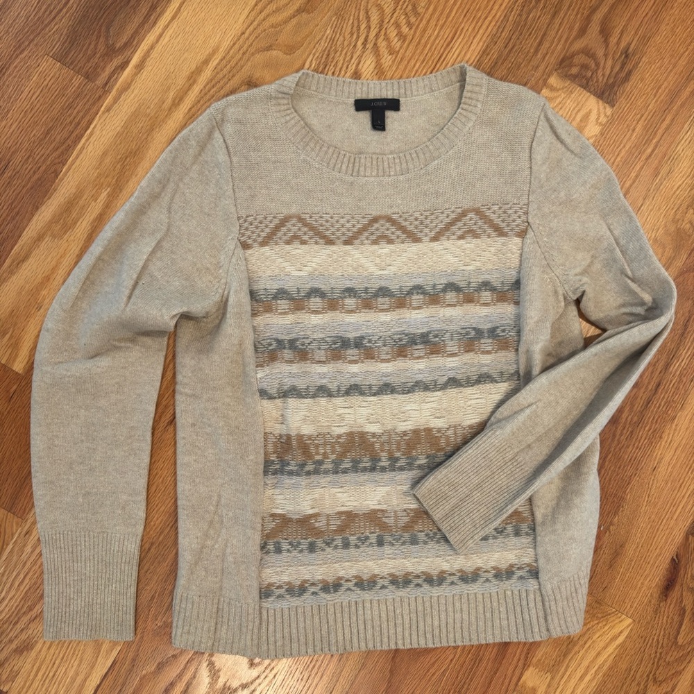 J. Crew Cream Knit Sweater with Fair Isle panel